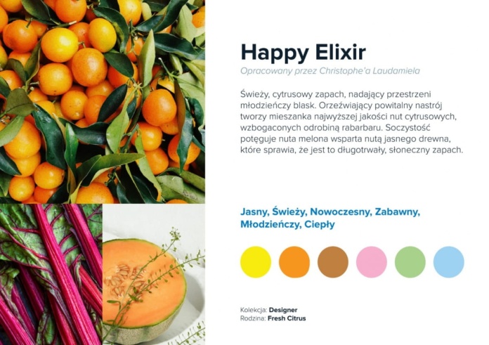 Nuty zapachowe Happy Elixir: limonka, cytrusy, nuty kwiatowe. Działanie pobudzające.